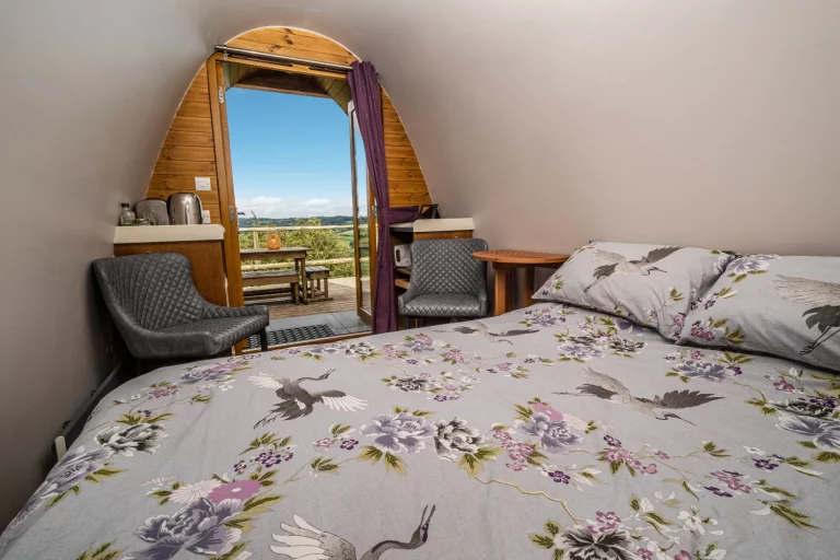Bluebell glamping pod with views over the Derbyshire hills at Mulino Lodge